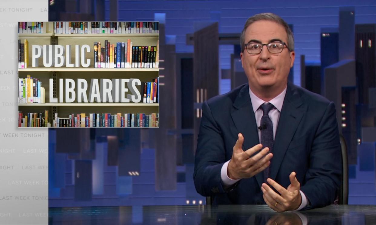 <span>John Oliver on attacks on libraries: ‘This is all madness, and it speaks to the need for libraries to be vigorously defended.’</span><span>Photograph: YouTube</span>