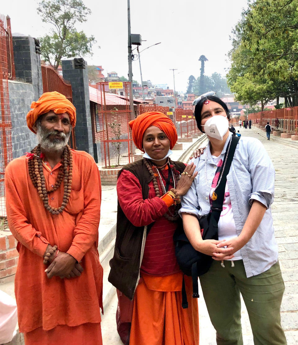 Niko Ruwe and two travelers at the Shri Pashupatinath Hindu Temple in Kathmandu during Maha Shivratri, an annual celebration of Lord Shiva that takes place in both India and Nepal. (Nepal Pix)