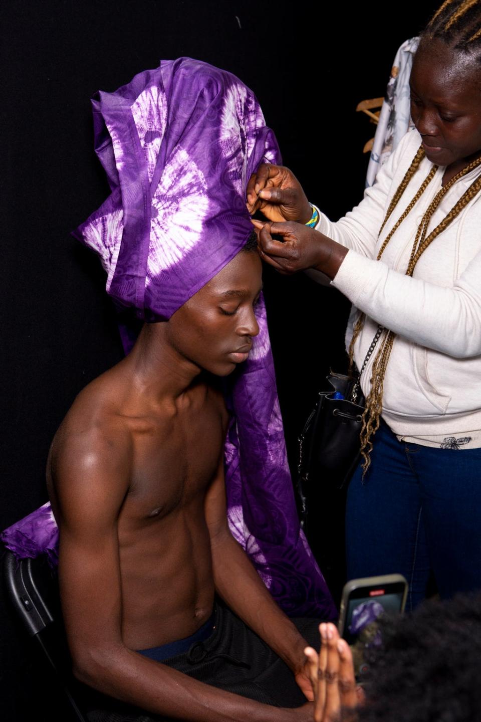 Headpieces wrapped backstage at Labrum (imaxtree)