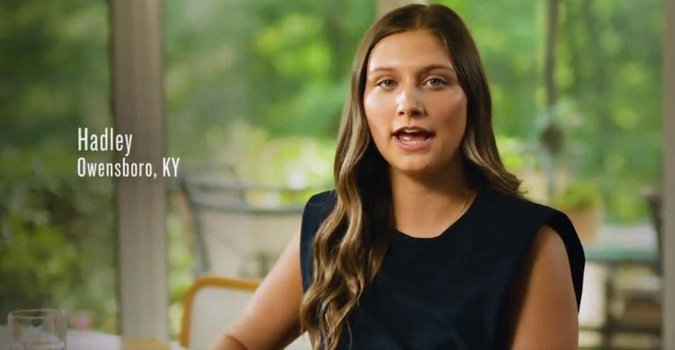 A screenshot from the Beshear campaign’s latest television ad featuring a woman who was raped at the age of twelve.
