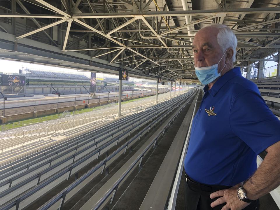 Roger Penske looks over the track from the grandstand at Indianapolis Motor Speedway in Indianapolis, Thursday, July 2, 2020. Penske has spent the six months since he bought Indianapolis Motor Speedway transforming the facility. He's spent millions on capital improvements to the 111-year-old national landmark and finally gets to showcase some of the upgrades this weekend as NASCAR and IndyCar share the venue in a historic doubleheader. (AP Photo/Jenna Fryer)