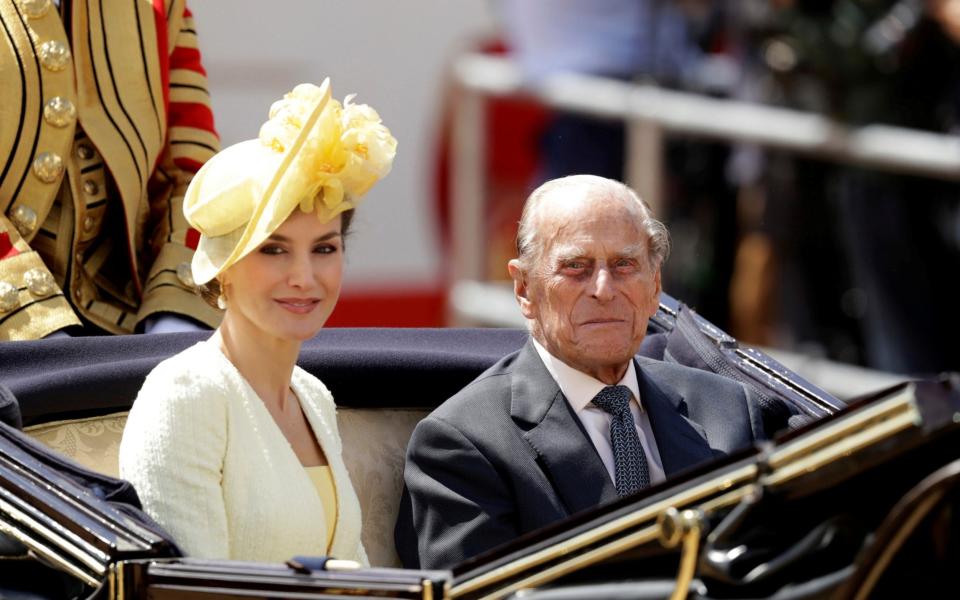 Prince Philip rides in a carriage with Spain's Queen Letizia, following a ceremonial welcome on Horseguards Parade, in central London - REUTERS/Matt Dunham/Pool