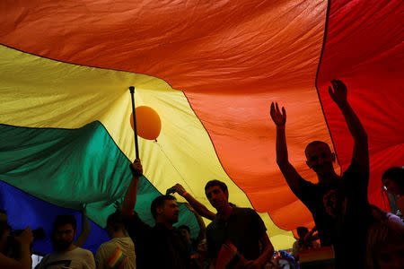 Participants dance under a rainbow flag during an annual LGBT (Lesbian, Gay, Bisexual and Transgender) pride parade in Belgrade, Serbia September 17, 2017. REUTERS/Marko Djurica