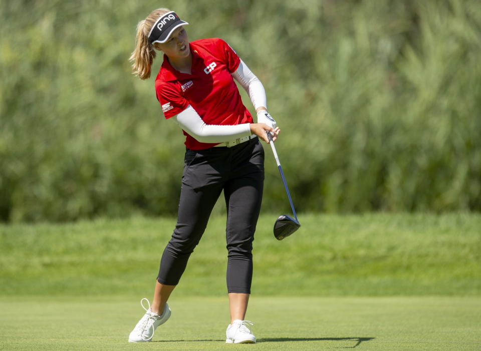 Brooke Henderson of Smith's Falls, Ont., watches her approach shot after hitting driver off the deck on the ninth hole during the final round of the CP Women's Open in Aurora, Ontario, Sunday, Aug. 25, 2019. (Frank Gunn/The Canadian Press via AP)