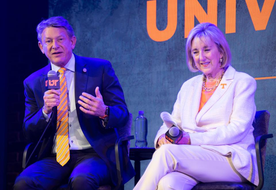 Randy Boyd, president of University of Tennessee System, delivers the State of the University Address at Woolworth Theatre in Nashville, Tenn., with a panel of chancellors including Donde Plowman with UT Knoxville Thursday, Feb. 8, 2024.