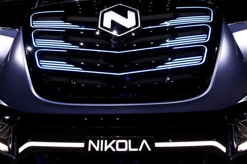 U.S. Nikola's logo is pictured at an event held to present CNH's new full-electric and Hydrogen fuel-cell battery trucks in partnership with U.S. Nikola event in Turin