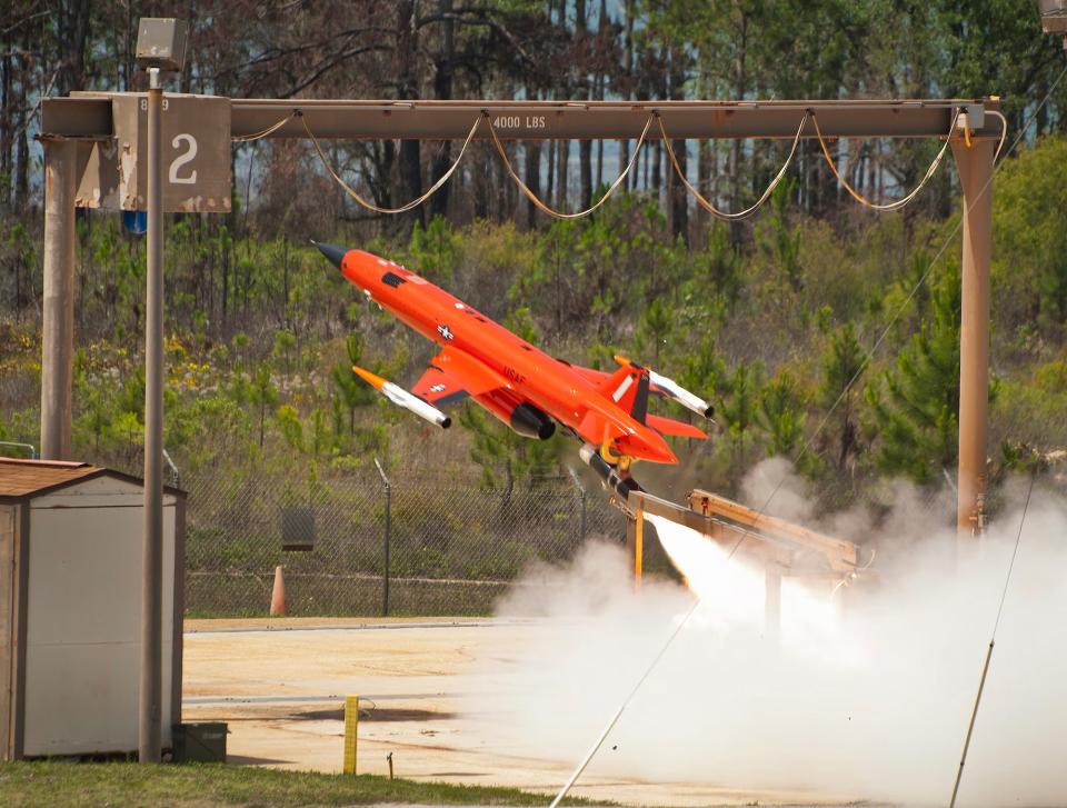 A BQM-167 launches over the Gulf of Mexico at Tyndall Air Force Base, Fla. (U.S. Air Force photo by Sara Vidoni)