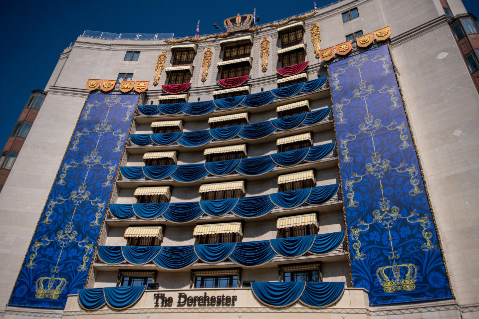 The Dorchester Hotel is adorned with decorations celebrating the coronation.