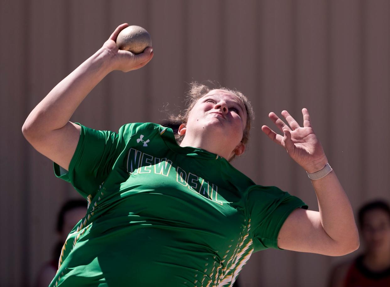 New Deal’s Macie Burkhead competes in the shot put during the A-Town relays, Friday, March 22, 2024, at Antelope Stadium in Abernathy.
