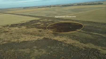 An aerial view shows the darkened ground of an oil spill which shut down the Keystone pipeline between Canada and the United States, located in an agricultural area near Amherst, South Dakota, U.S., in this photo provided November 17, 2017. Courtesy TransCanada Corp/Handout via REUTERS ATTENTION EDITORS - THIS IMAGE WAS PROVIDED BY A THIRD PARTY. NO RESALES. NO ARCHIVE