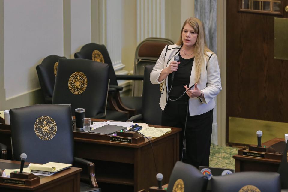 Rep. Wendi Stearman, R-Collinsville urges lawmakers to vote yes on House Bill 4327 during debate in the House of Representatives at the state Capitol Thursday, May 19, 2022.