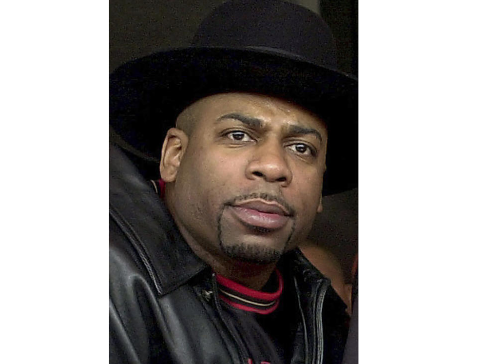 FILE - Jam Master Jay, a.k.a. Jason Mizell is seen in Los Angeles in this Feb. 25, 2002, file photo. Karl Jordan Jr. and Ronald Washington have pleaded not guilty to the October 2002 slaying of Mizell. (AP Photo/Krista Niles, File)