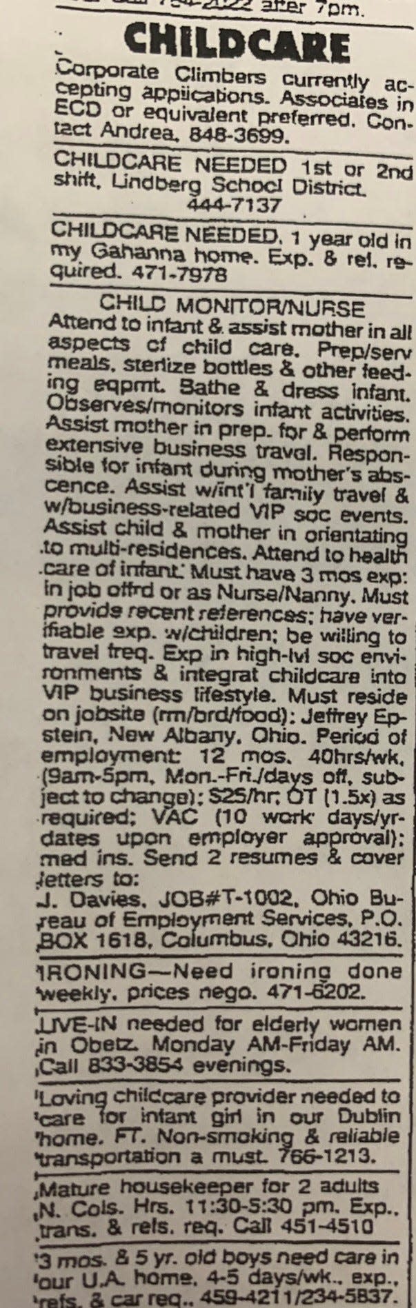 Disgraced financier Jeffrey Epstein placed this ad in The Dispatch in 1995 when Wexner and his wife, Abigail, needed a nanny at their New Albany estate.