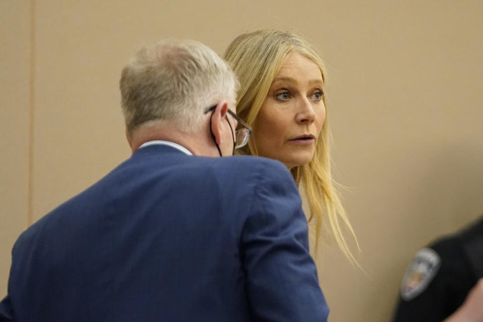 Gwyneth Paltrow arrives for the closing arguments of her trial, Thursday, March 30, 2023, in Park City, Utah. She is accused of crashing into the man suing her on a beginner run at Deer Valley Resort, leaving him with brain damage and four broken ribs. (AP Photo/Rick Bowmer, Pool)