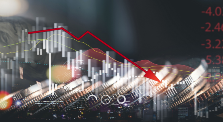 Economic crisis, financial background. Double exposure of Coins and US dollars bank note currency with financial graph chart falling due to global economic recession, stock market crash, inflation