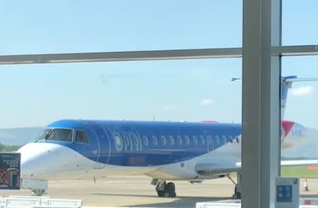 A BMI Regional, Embraer ERJ-145 sits on the airport tarmac in Derry, Northern Ireland May 2, 2017 in this still image taken from social media video. Youtube/Wingin' It! Paul Lucas via REUTERS