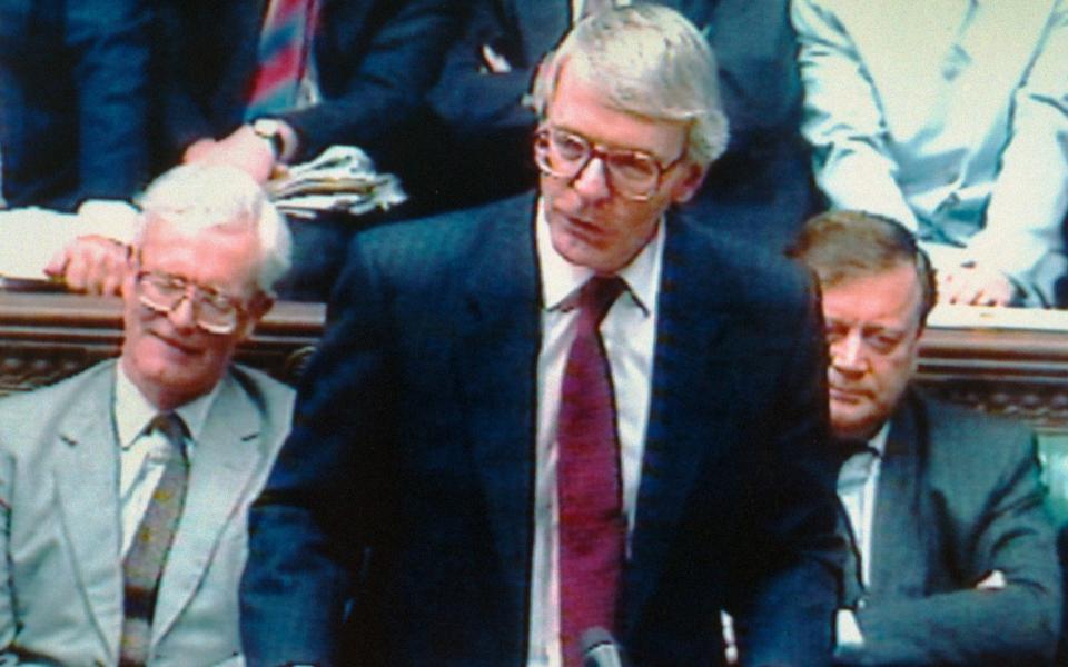 John Major speaks after the Government defeat in the second vote on the Maastricht Bill in the Commons in 1993 - PA