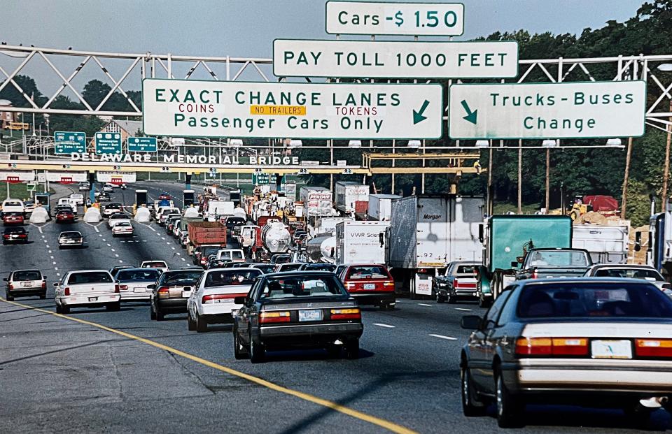 Traffic approaches the toll booths on the Delaware Memorial Bridge on the first day of one-way tolls in this photo taken on October 1, 1992.