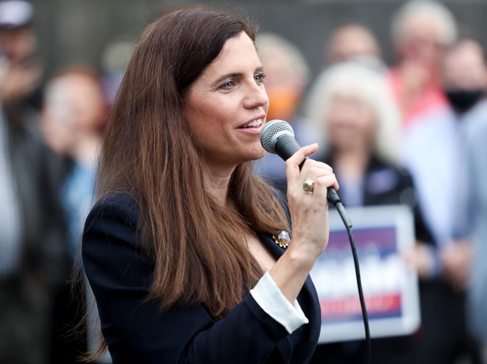 Republican Nancy Mace speaks to the crowd at an event with Sen. Lindsey Graham. (Getty Images)