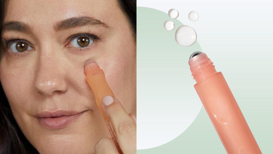 Model using clinique all about eyes serum on their under eye next to a tube of the serum on a green background.