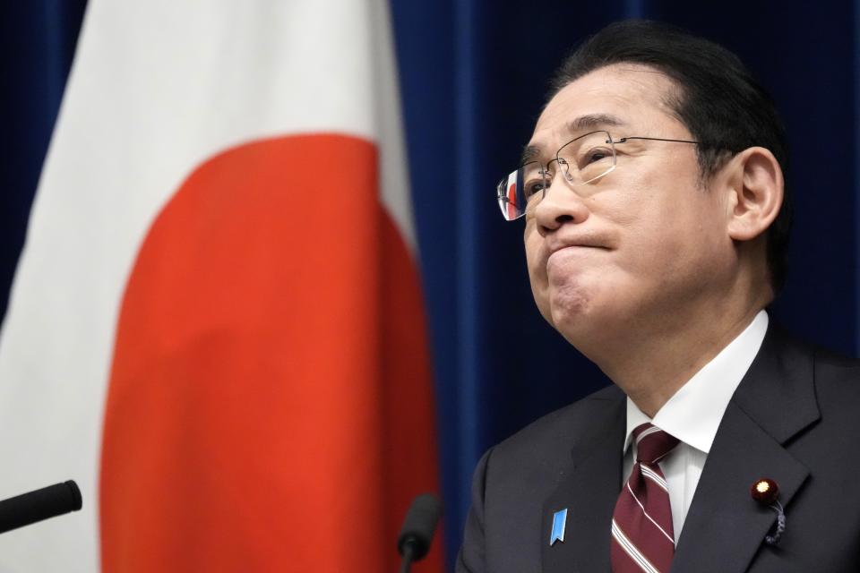 Japan's Prime Minister Fumio Kishida listens to a question from a journalist, during a press conference, in Tokyo, Thursday, March 28, 2024. (AP Photo/Eugene Hoshiko, Pool)