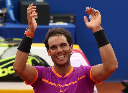 Tennis - Barcelona Open Final - Rafael Nadal of Spain v Dominic Thiem of Austria - Real Club de Tenis Barcelona, Spain - 30/04/17 - Rafael Nadal celebrates his victory. REUTERS/Albert Gea