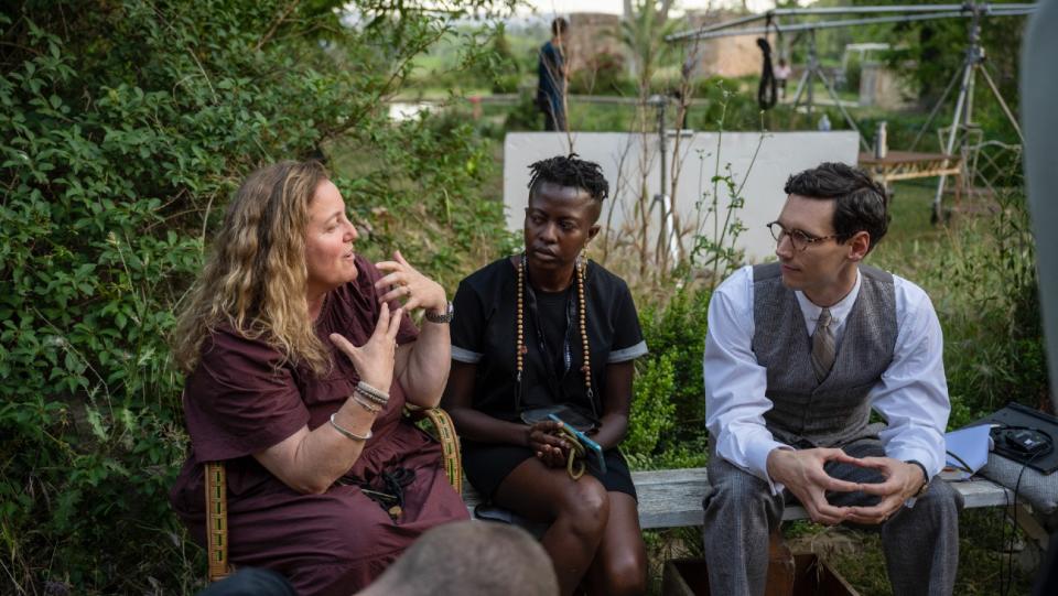 Showrunner and producer Anna Winger on the set of 'Transatlantic' with Rafaela Nicolay and Cory Michael Smith