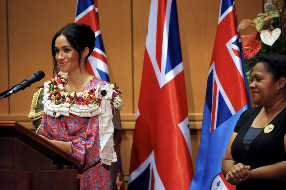 Meghan, Duchess of Sussex delivers a speech at the University of the South Pacific in Suva, Fiji, Wednesday, Oct. 24, 2018. Prince Harry and his wife Meghan are on day nine of their 16-day tour of Australia and the South Pacific. (Phil Noble/Pool Photo via AP)