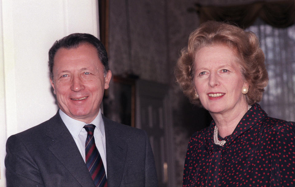 FILE - Jacques Delors of France, President of the European Commission, meets Britain's Prime Minister Margaret Thatcher for talks at 10 Downing Street, London, on Nov. 26, 1986. Delors, a Paris bank messenger’s son who became the visionary and builder of a more unified Europe in his momentous decade as chief executive of the European Union, has died in Paris, his daughter Martine Aubry said Wednesday Dec. 27, 2023. He was 98. (AP Photo/Bob Dear, File)