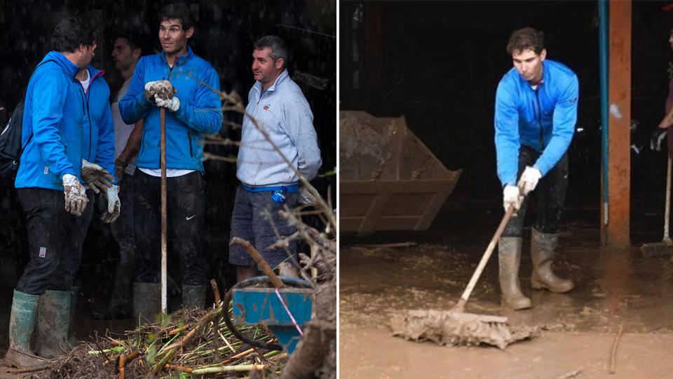 Away from the tennis tour after a knee injury, Rafael Nadal drove 12km from his home to help with the recovery efforts. Pic: AP