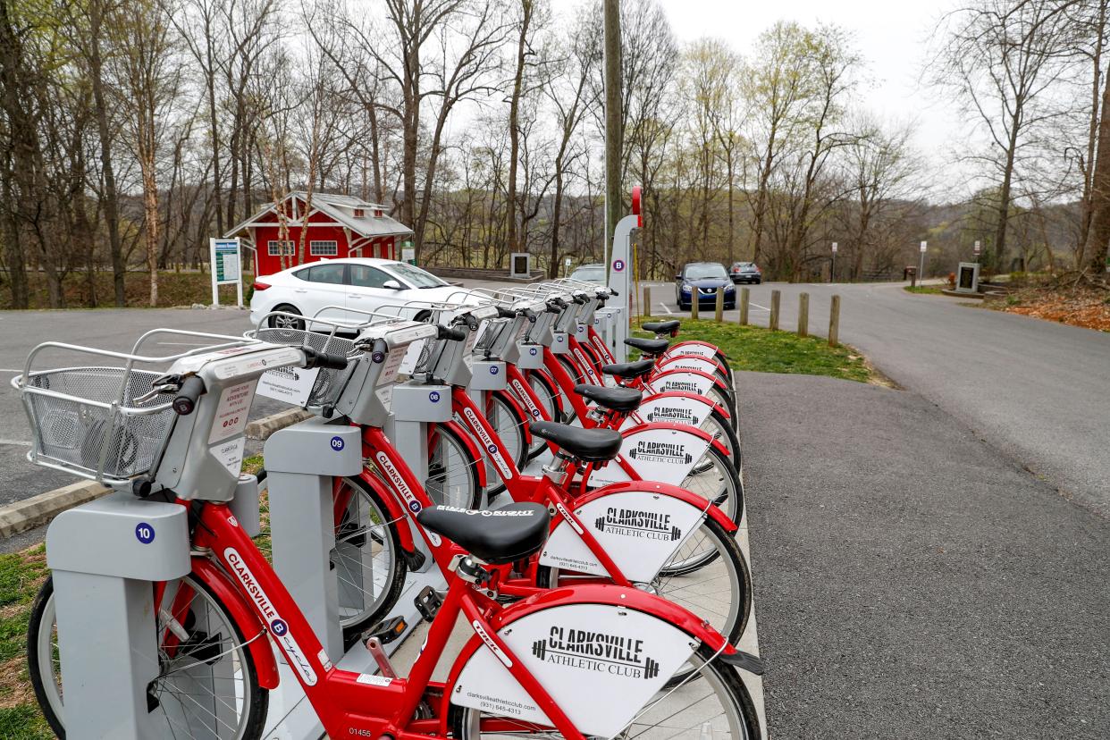 A station for Clarksville BCycle is located just outside of the entrance to the trail off of Pollard Road at the Clarksville Greenway in Clarksville, Tenn., on Thursday, April 4, 2019.