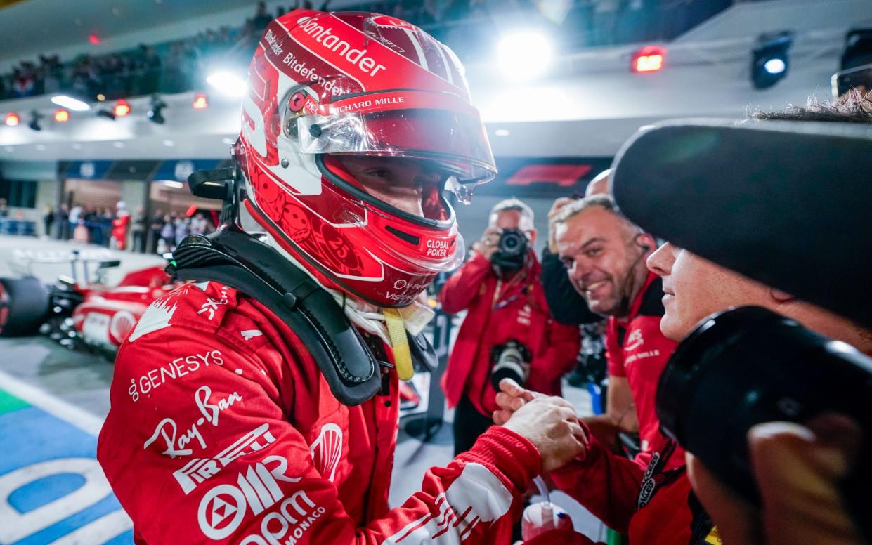 Monaco's Formula One driver Charles Leclerc of Scuderia Ferrari celebrates following the Qualifying session for the Formula 1 Las Vegas Grand Prix, in Las Vegas, Nevada, USA, 18 November 2023. The Formula 1 Las Vegas Grand Prix is held at the Las Vegas Strip Circuit on 18 November 2023. Formula One Las Vegas Grand Prix - Qualifyin