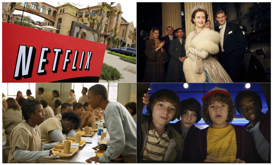 This combination photo shows, clockwise from top left, Netflix headquarters in Los Gatos, Calif., Claire Foy and Matt Smith in a scene from "The Crown," Noah Schnapp, Finn Wolfhard, Gaten Matarazzo and Caleb Mclaughlin in a scene from "Stranger Things," and Uzo Aduba, left, and Samira Wiley appear in a scene from "Orange is the New Black." It took less than a decade for leader Netflix to skyrocket from about 12 million U.S. subscribers at the decade's start to 60 million this year and 158 million worldwide. (AP Photo, top left, and Netflix via AP)