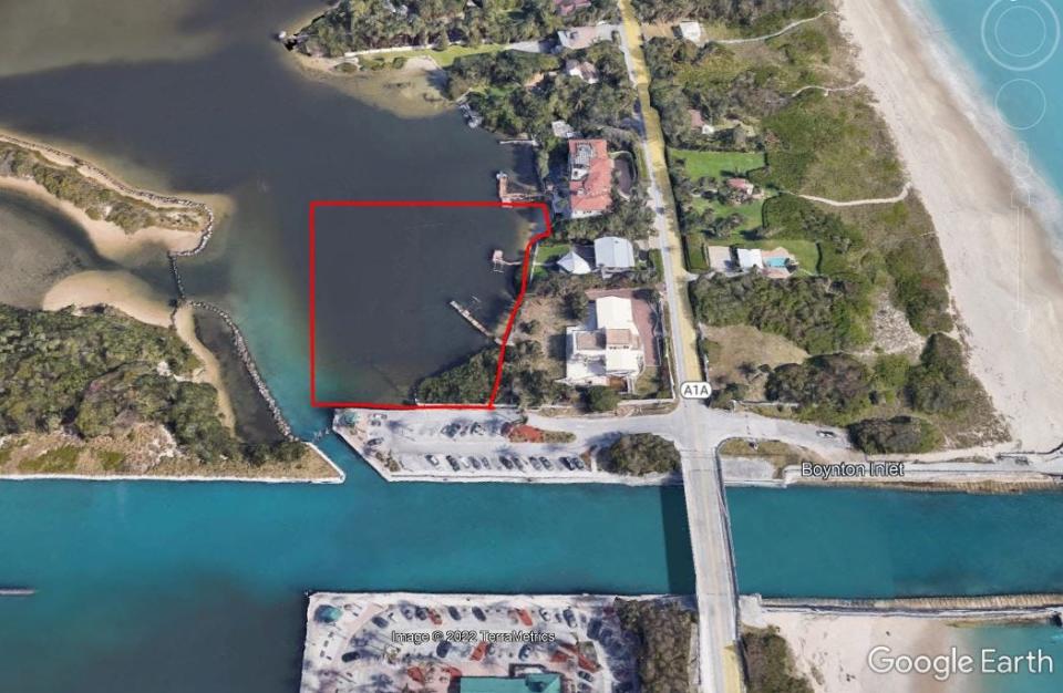 Five submerged parcels on the north side of the Boynton Inlet are on the market for $15.9 million. The seller touts the option of putting a floating solar mansion on the lots. Google Earth Pro
