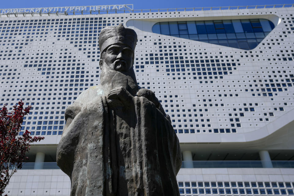 A statue of ancient Chinese philosopher Confucius stands in front of the Chinese Cultural Center in Belgrade, Serbia, Monday, April 29, 2024. Chinese President Xi Jinping will visit France, Serbia and Hungary this week as Beijing appears to seek a larger role in the conflict between Russia and Ukraine that has upended global political and economic security. (AP Photo/Darko Vojinovic)