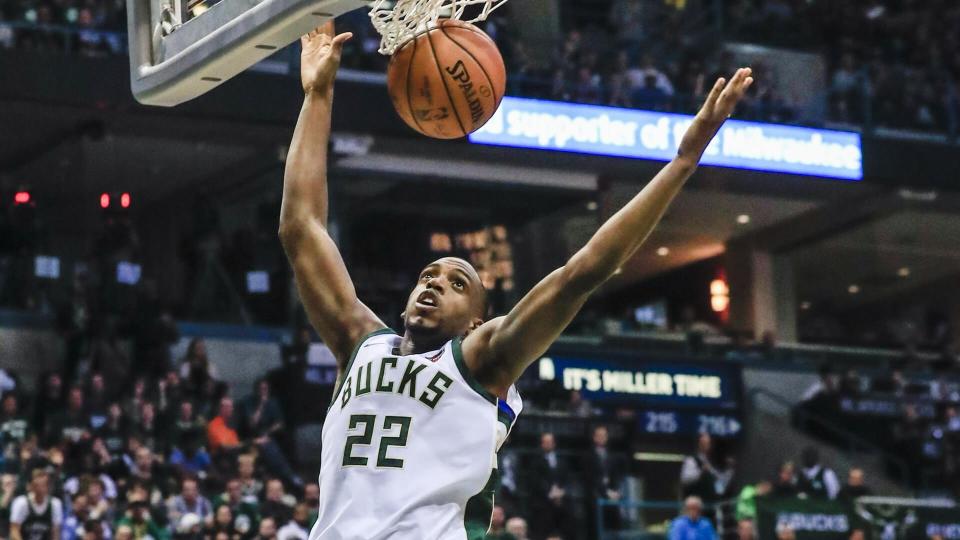 Mandatory Credit: Photo by Tannen Maury/EPA-EFE/Shutterstock (9165371s)Khris MiddletonCleveland Cavaliers at Milwaukee Bucks, USA - 20 Oct 2017Milwaukee Bucks forward Khris Middleton scores a basket on the Cleveland Cavaliers in the first half of the NBA basketball game between the Cleveland Cavaliers and the Milwaukee Bucks at the BMO Harris Bradley Center in Milwaukee, Wisconsin, USA, 20 October 2017.