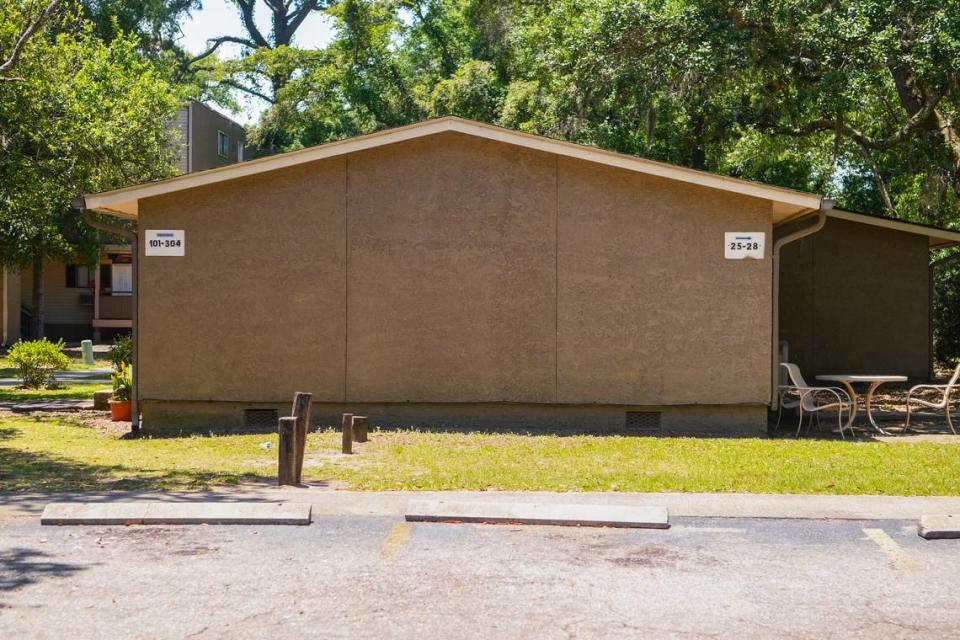 A building within Chimney Cove Apartments serves as a direction finder for apartments within the complex as seen on May 25, 2023 on Hilton Head Island. The owner of the property has submitted plans to raise the current buildings and build luxury apartments