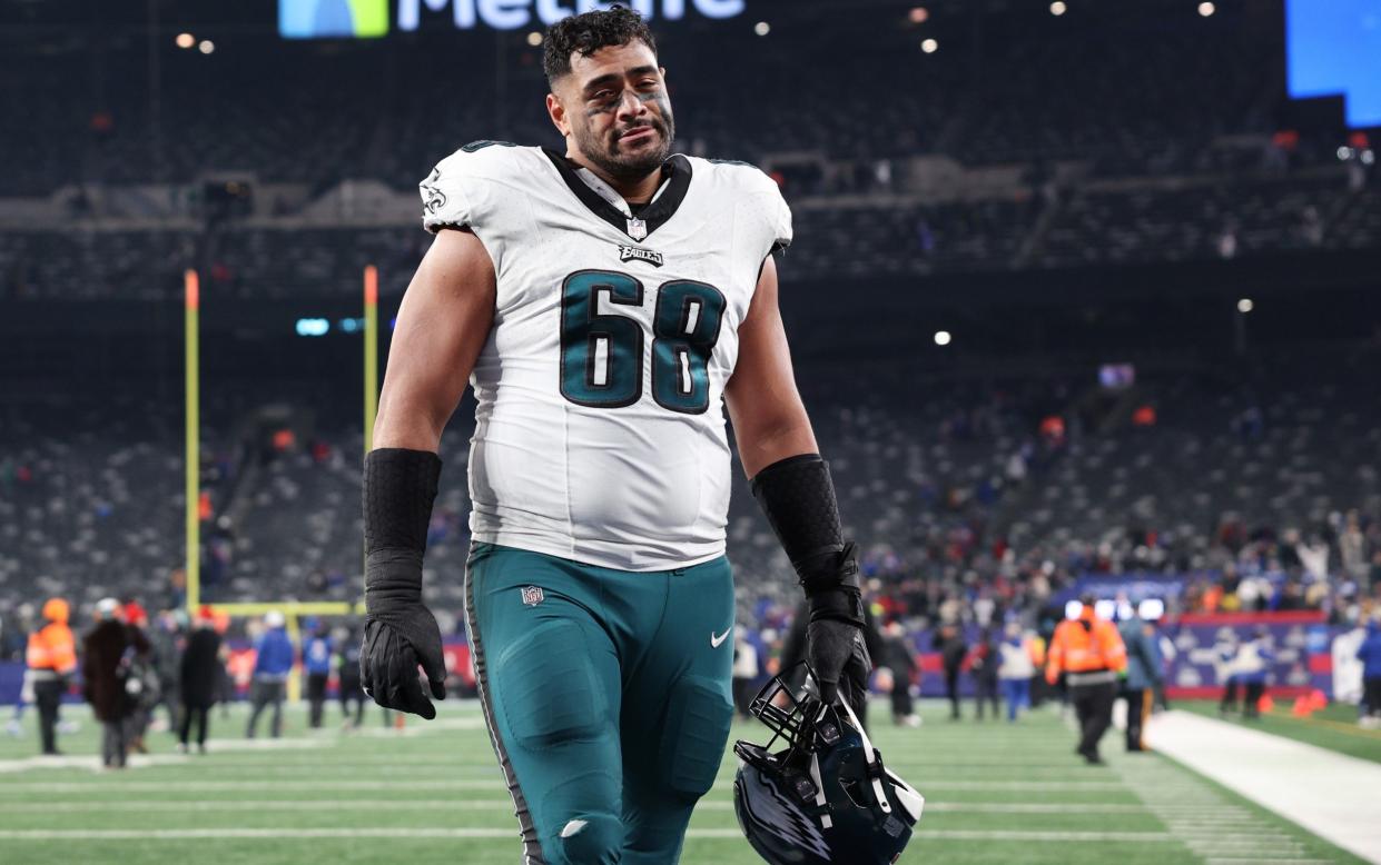 Jordan Mailata of the Philadelphia Eagles walks off the field