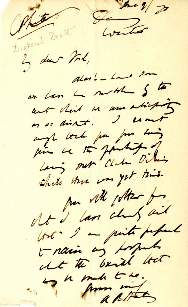 <span class="caption">Letter from A.P. Stanley to Frederick Locker, June 9 1870. Locker wrote in pencil towards the top: ‘Dickens’ Death’.</span> <span class="attribution"><span class="source">By kind permission of the Armstrong Browning Library.</span>, <span class="license">Author provided</span></span>