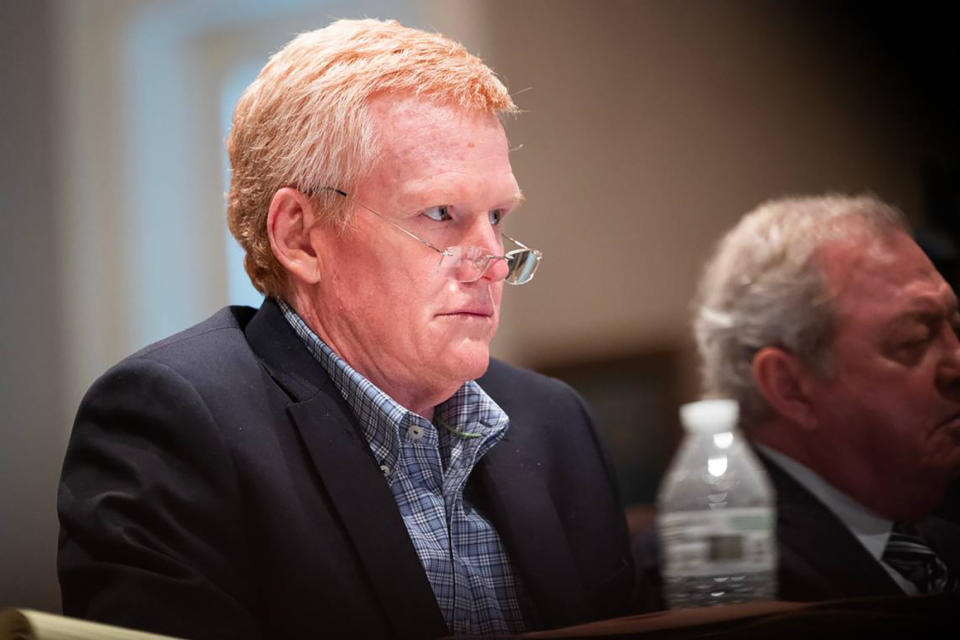 Alex Murdaugh listens to testimony during his murder trial at the Colleton County Courthouse on Feb. 10, 2023, in Walterboro, South Carolina.