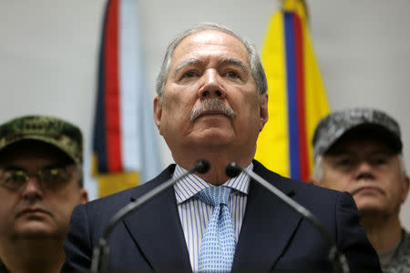 Colombian Defense Minister Guillermo Botero attends a news conference, in Bogota, Colombia May 20, 2019. REUTERS/Luisa Gonzalez