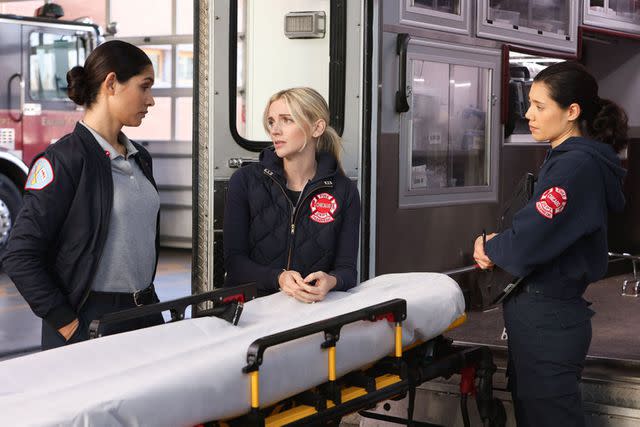 <p>Adrian S Burrows Sr/NBC</p> Miranda Rae Mayo as Stella Kidd, Kara Killmer as Sylvie Brett and Hanako Greensmith as Violet Mikami on 'Chicago Fire'