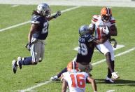 <p>Dallas Cowboys free safety J.J. Wilcox (27) and middle linebacker Anthony Hitchens (59) converge on Cleveland Browns wide receiver Corey Coleman (19) during the second quarter at FirstEnergy Stadium. Mandatory Credit: Ken Blaze-USA TODAY Sports </p>