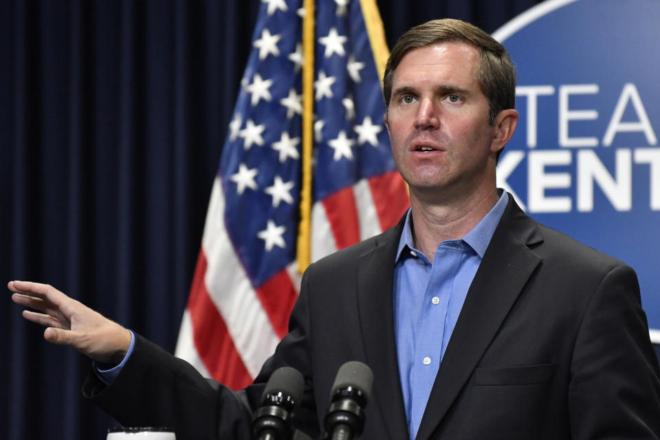 Kentucky Gov. Andy Beshear speaks about the increases in COVID-19 cases in the state and the opening day of the Kentucky State Legislature special session in Frankfort, Ky., Tuesday, Sept. 7, 2021. (AP Photo/Timothy D. Easley)