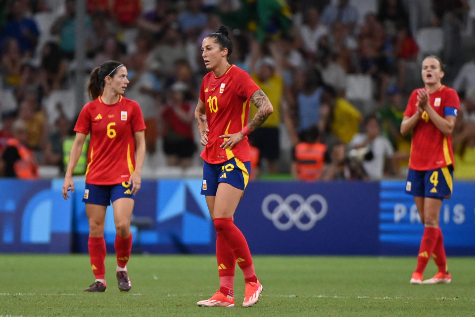 Spain's No. 10 striker Jennifer Hermoso (center) reacts after Brazil's second goal in the semifinal of the women's soccer match between Brazil and Spain during the Paris 2024 Olympic Games at the Marseille Stadium in Marseille on August 6, 2024. (Photo by Sylvain THOMAS / AFP) (Photo by SYLVAIN THOMAS/AFP via Getty Images)