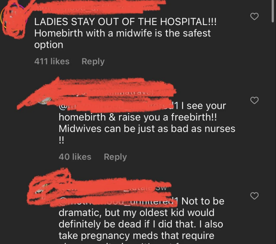 Comments debate homebirth safety, with users expressing differing opinions on midwife care versus hospital births