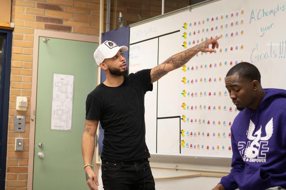 Kypree Taylor of R.I.S.E. works with students at Northwestern Middle School on Thursday, March 23, 2023.