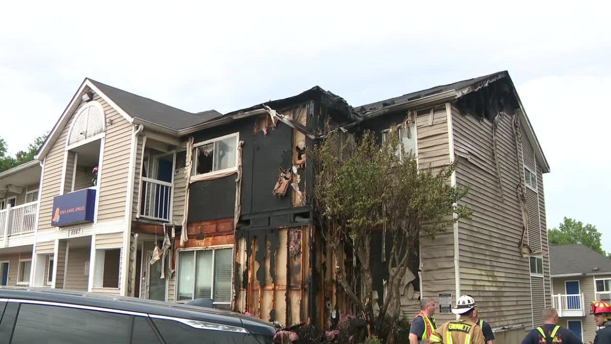 <div>Gwinnett County firefighters surround the InTown Suites Extended Stay along Buford Highway, just north of Jimmy Carter Boulevard, in Norcross on April 17, 2024.</div> <strong>(FOX 5)</strong>