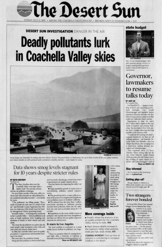 The Coachella Valley's air pollution problems aren't new. This July 2009 Desert Sun article explores how air quality improvement measures had stalled for the preceding 10 years.