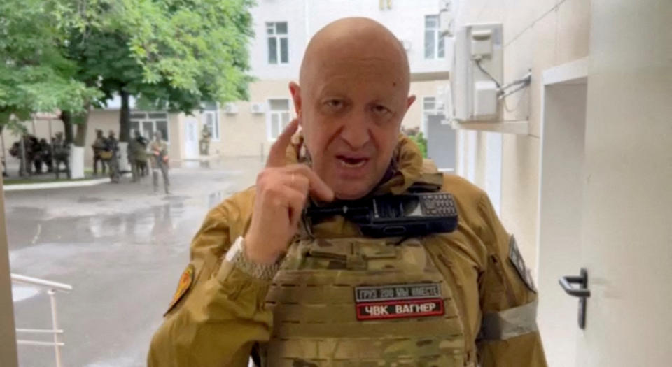Wagner Group paramilitary Yevgeny Prigozhin speaks inside the headquarters of the Russian southern army military command center on June 24.